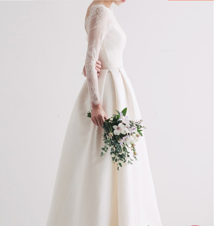 Elegant Bride Wedding Dress 2024 Boat Neck Long Sleeves Top Lace Satin A-line Bridal Gowns Boho Vestidos Noiva Robe De Mariage