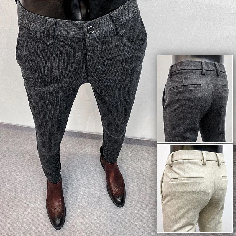 Winter Woolen Men Pants Thicken Keep Warm Pantalones Hombre Solid Casual Formal Trousers Dress Slim Suit Pants Men Clothing 240113