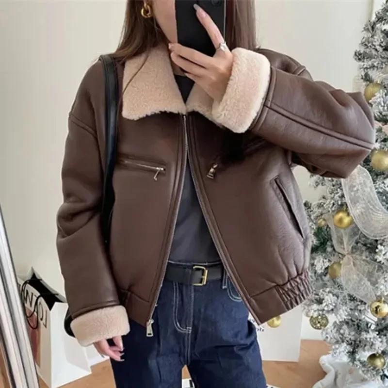 Fur PU Leather Jacket Women Flight Suit Vintage Streetwear Coat Harajuku Long Sleeve Riding Suit Zipper Short Outwear