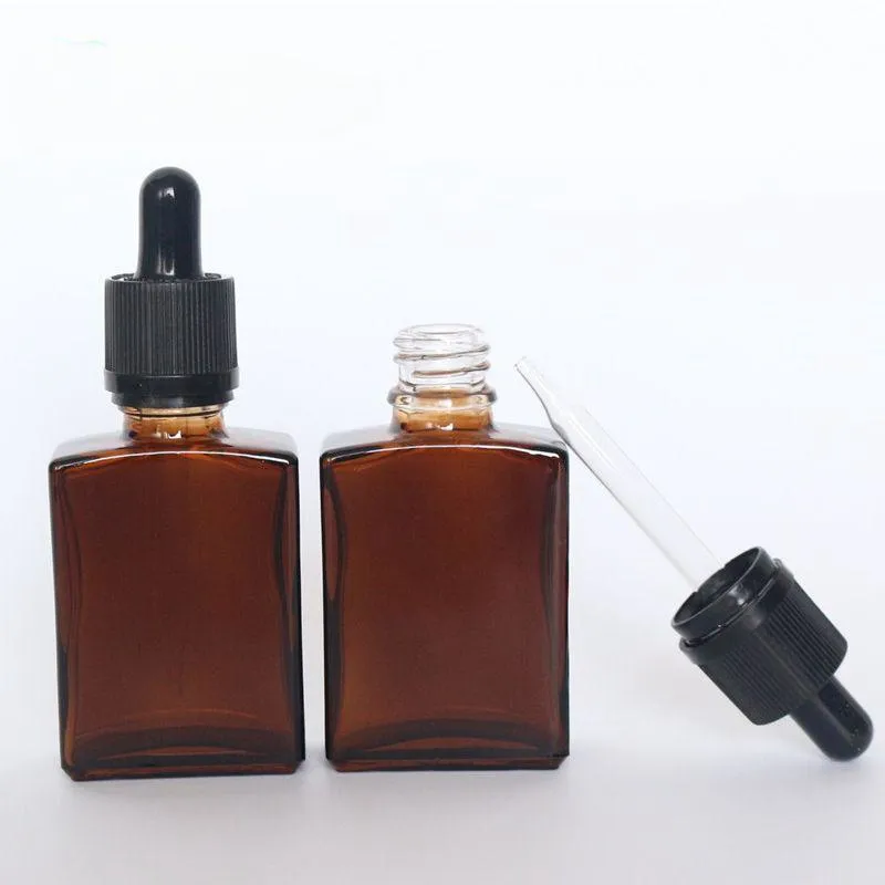wholesale glass serum bottle dropper Pipette 30ml 1oz square flat clear white black amber green blue red for cosmetic essential ZZ