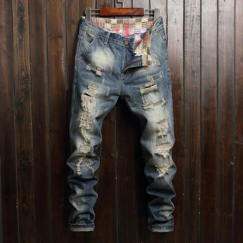 Mens Hole Retro Slim Fit Jeans Spring and Autumn American Style High Street Trend Fashion Leisure Straight Leg Pants 240113