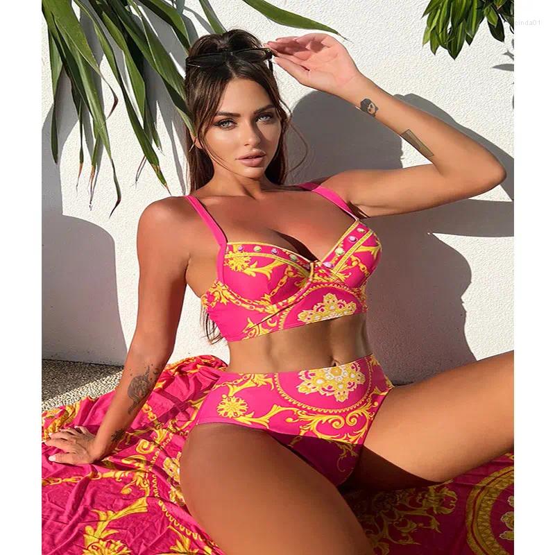 Womens Swimwear Elegant Retro Printed Bikini Three Piece Set High Waisted Sexy Swimsuit With Cover Up Skirt For Springs Beach Vacatio AAA