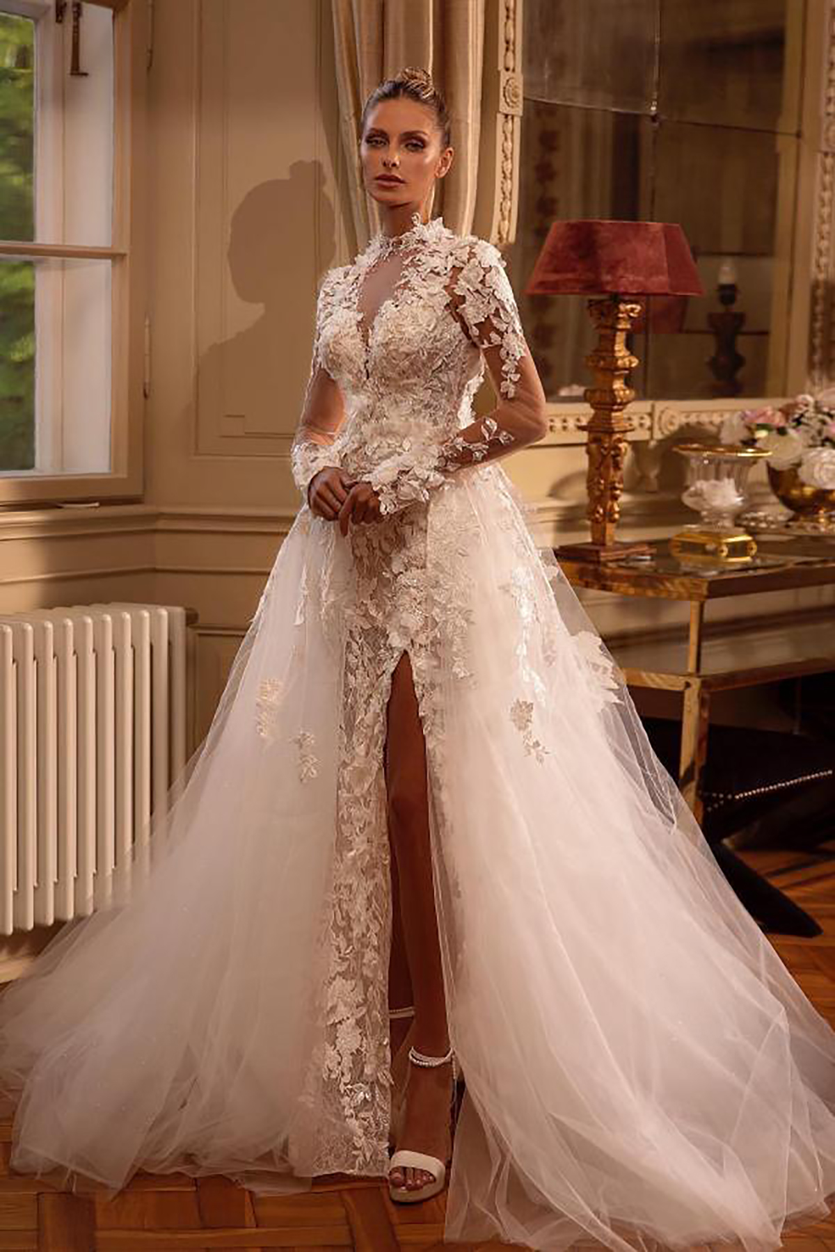 Romantic High Collar Mermaid Wedding Dresses 3D-Floral Appliques Bridal Gowns Detachable Train Backless Side Split Bride Dresses Custom Made