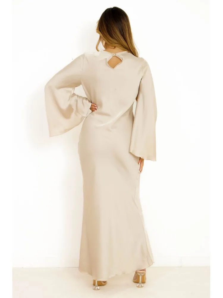 Women Elegant Solid Satin Maxi Dress Fashion Flare Sleeves High Waist Long Prom Robes Ladies Chic Street Vestidos 240115