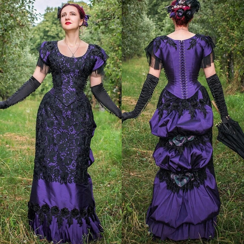 Dresses Prom Vintage Victorian Ruched Bustle Ball Gown Historical Costume Corset Special Ocn Gowns Short Sleeves Black Lace Floor Length Women Evening