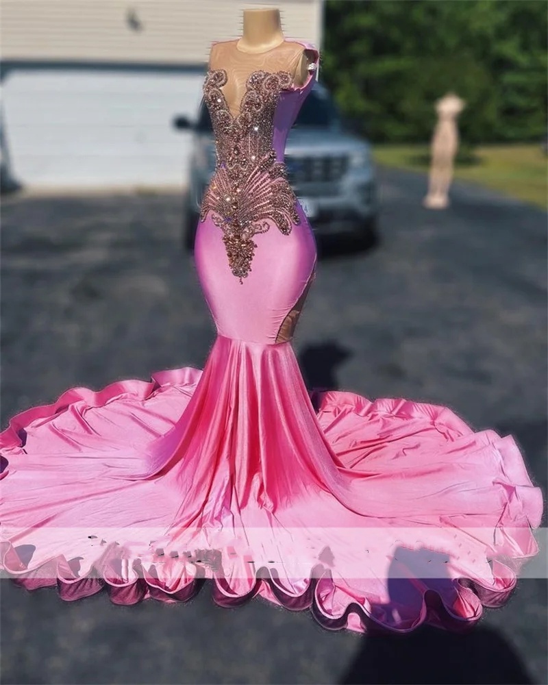Prom Mermaid Glitter Pink Dress 2024 for Black Girls Sparkly Crystal Rhies Beading Birthday Party Evening Gown Vestidos