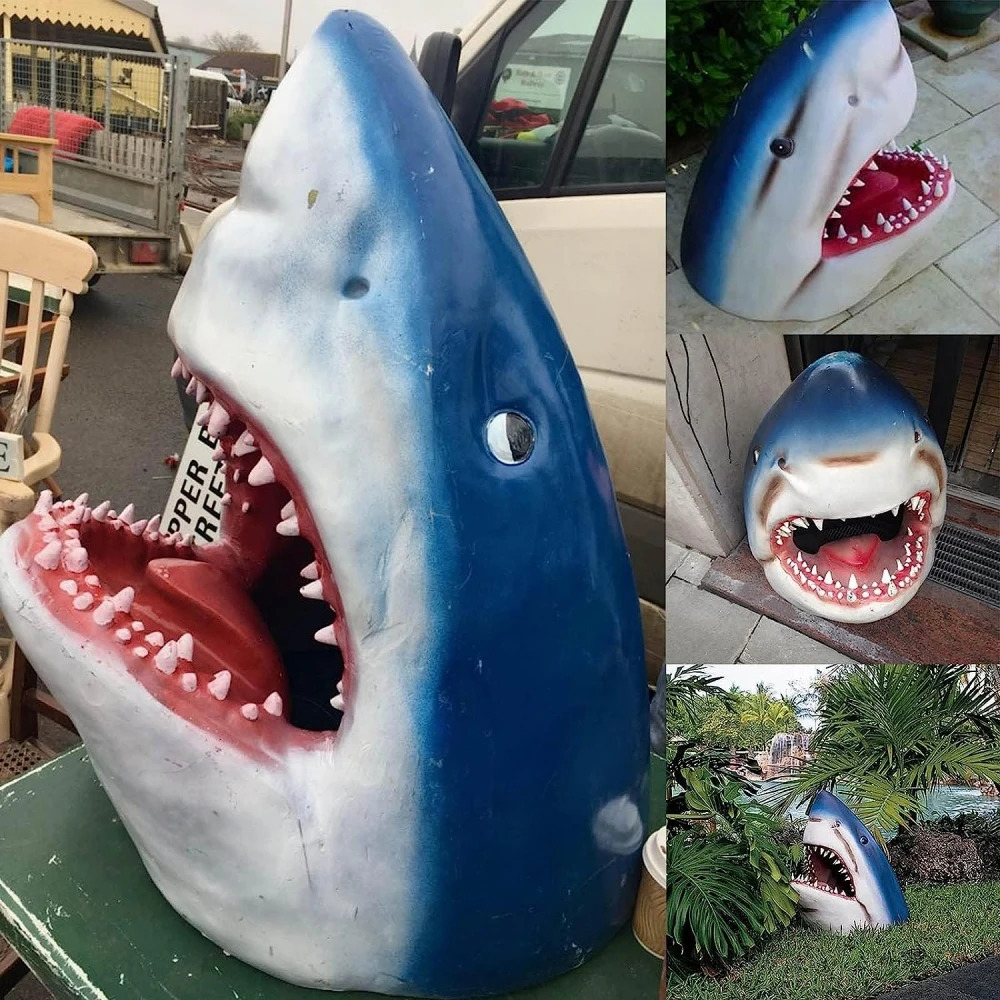 Creative White Shark Garden Art Statue Resin Lifelike White Shark Head Sculpture Wall Hanging Home Yard Garden Decor 240113