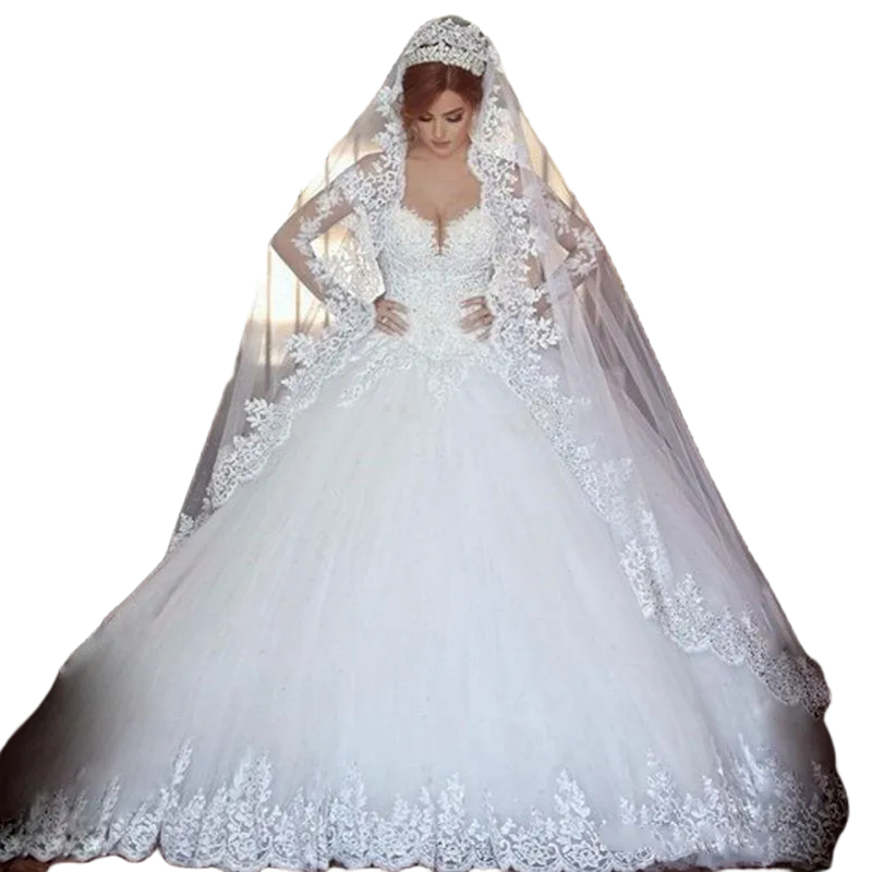 Dubai Princess Wedding Dress Lace Appliques Long Sleeves Chapel Train Ivory White Tulle Bridal Gowns Illusion Back Gorgeous Bride Dresses 2024