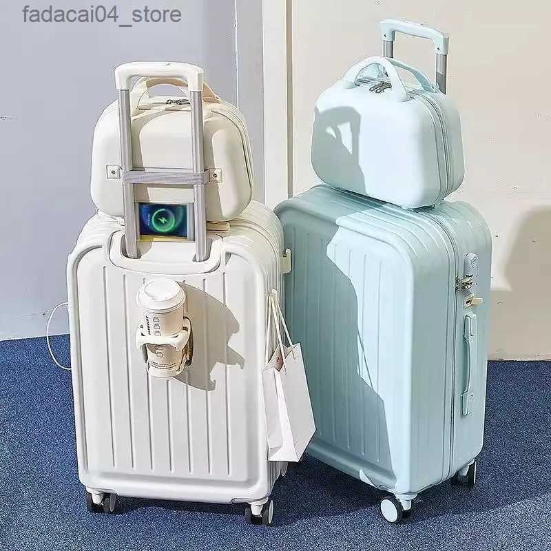 Suitcases 2023 New Combination Suitcase USB Charging Port with Cup Holder Large Capacity Trolley Case Travel Luggage Rugged Lockbox Q240115