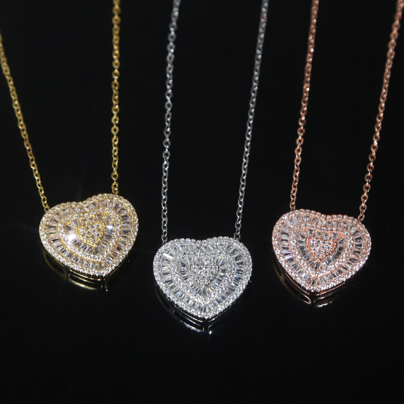 Classic Elegant Iced Out Heart Love Pendant Necklace Glossy Charms Iced Out Prong Setting CZ Cubic Zirconia Hip Hop Women Gift Jewelry