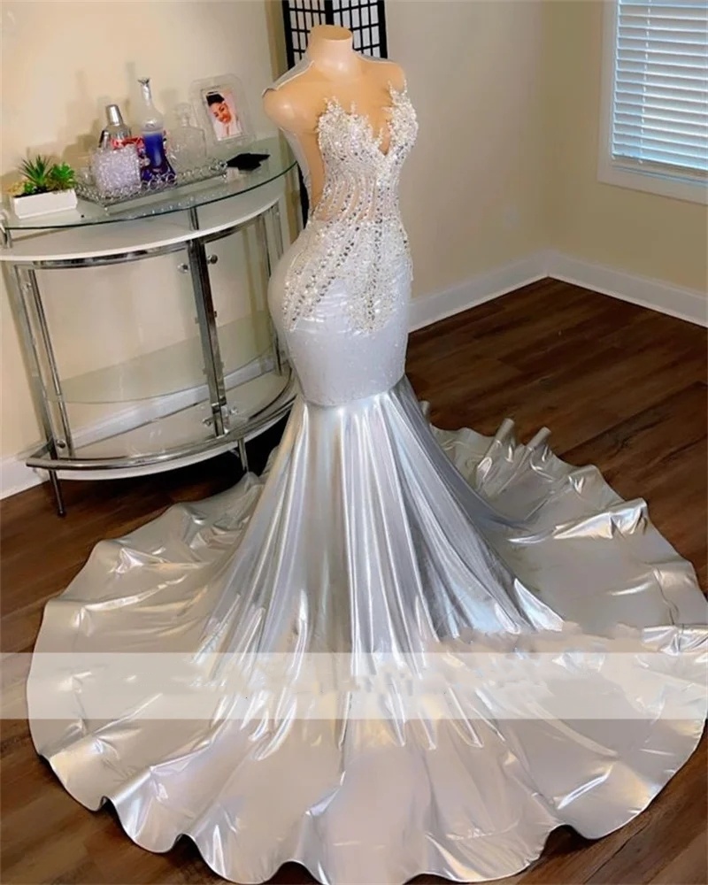Sparkly Sier Diamonds Long Prom Dress 2024 Beads Crystals Rhienstones Glitter Birthday Party Evening Gown Robe 0431
