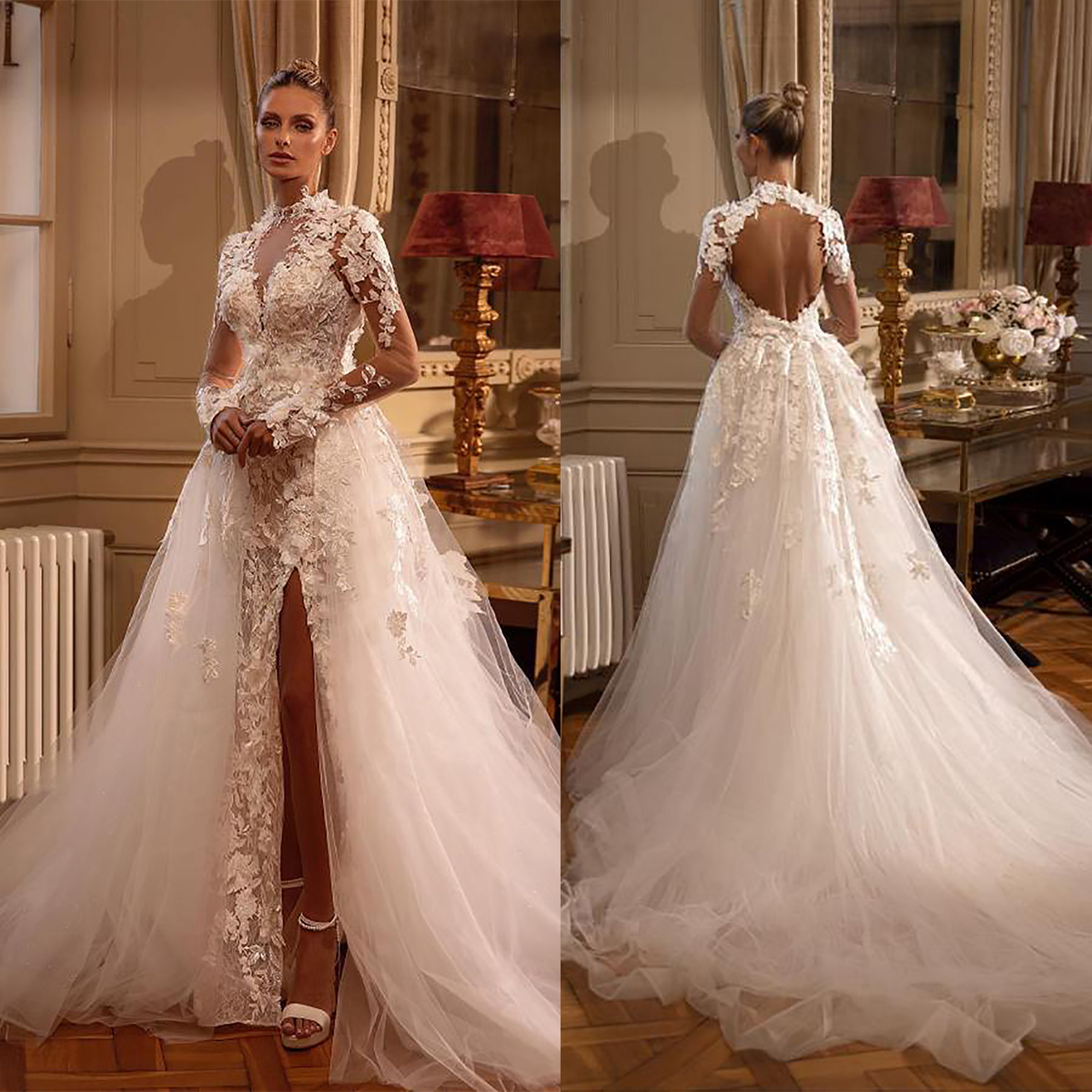 Romantic High Collar Mermaid Wedding Dresses 3D-Floral Appliques Bridal Gowns Detachable Train Backless Side Split Bride Dresses Custom Made