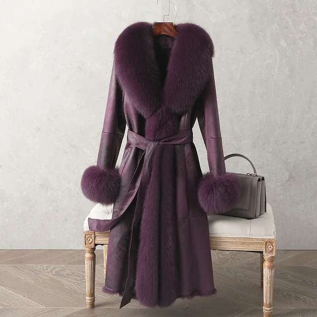 New Real Double Face Rabbit Fur Coat Women's Mid-Length Winter Close-Fitting Leather Fox Furs Collar Cuffs Fur Garments