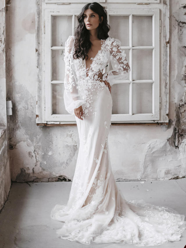Bohemia Mermaid Wedding Backless Long Sleeves Bridal Gowns 3D-Ral Appliques Illusion Bride Dresses Custom Made 0219