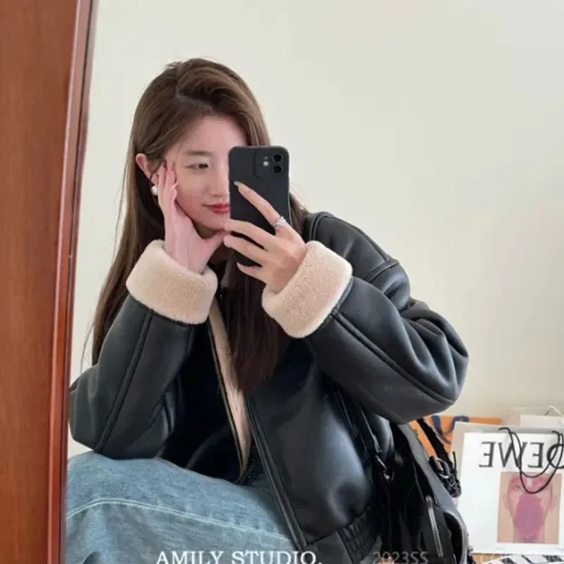 Fur PU Leather Jacket Women Flight Suit Vintage Streetwear Coat Harajuku Long Sleeve Riding Suit Zipper Short Outwear