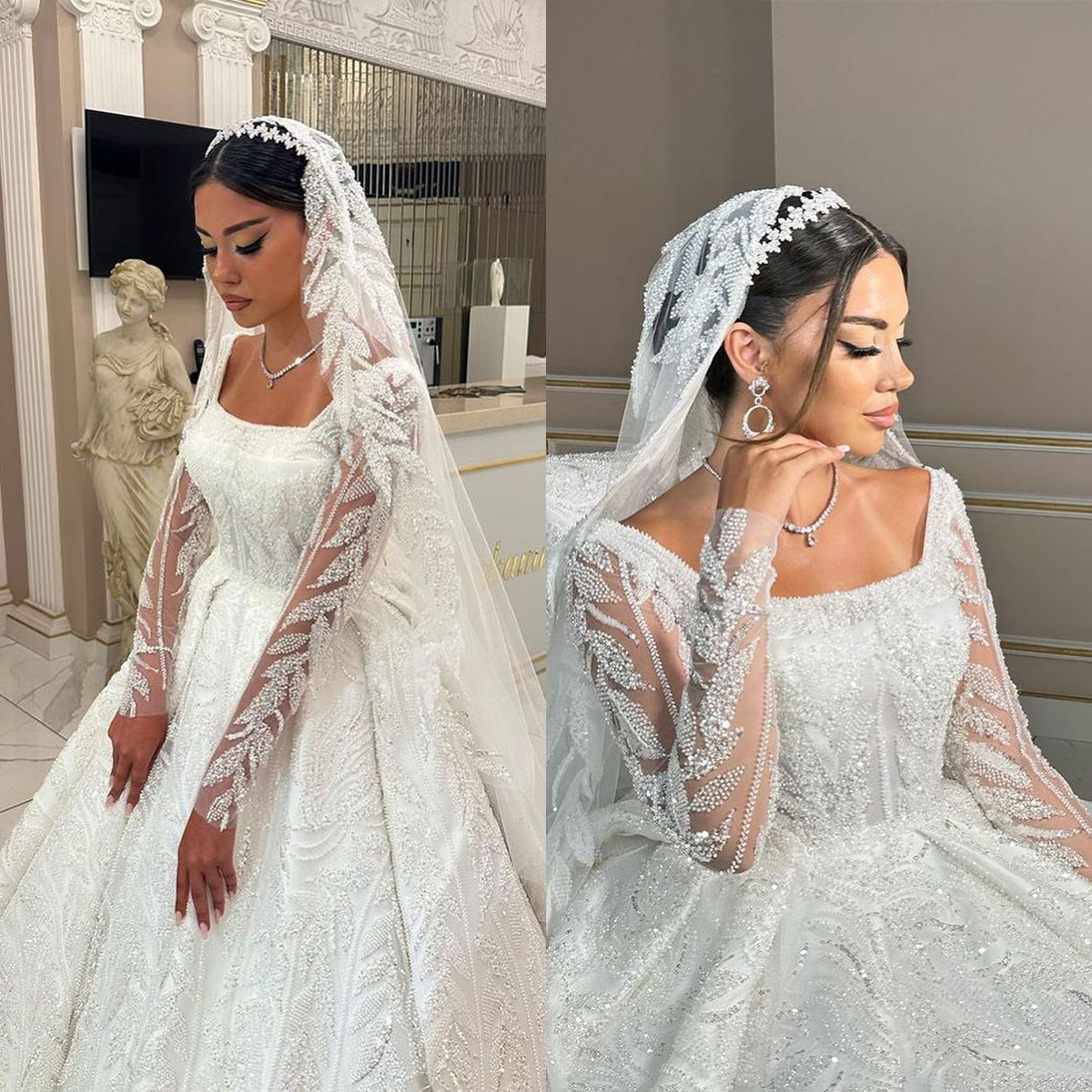 Elegant A Line Women Wedding Dress Square Collar Long Sleeves Bridal Gowns Sequins Appliques Lace Up Sweep Train Dress Custom Made