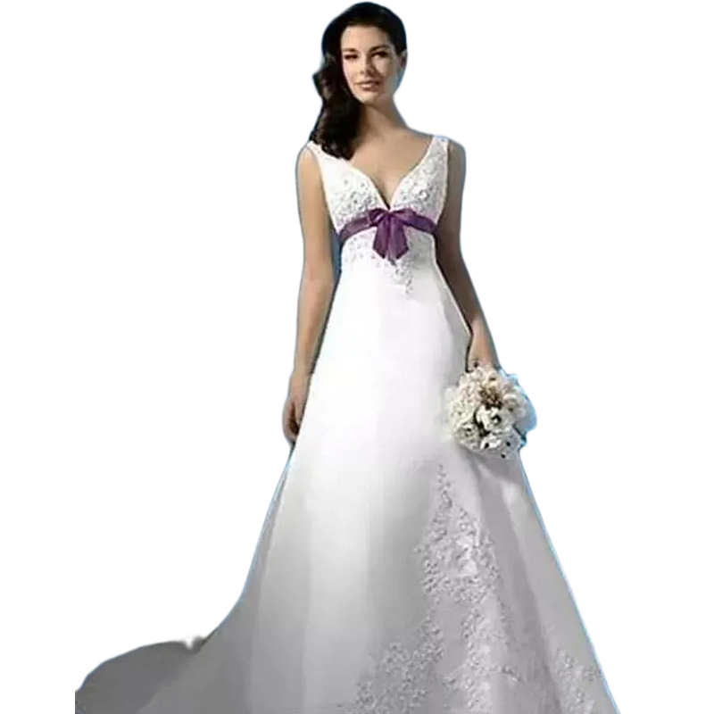 Vintage White And Purple A Line Wedding Dresses Lace Appliques Empire Waist Plus Size Bridal Gowns Sleeveless Long Elegant Satin Bride Dress 2024 Summ