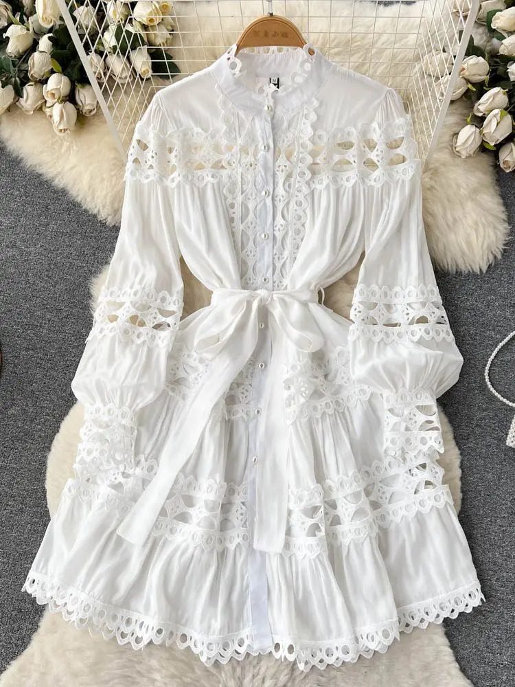 Spring Summer White Blue Black Mini Dress Women's Stand Long Lantern Sleeve Wer Emboridery Hollow Out Lace Up Loose Vestidos