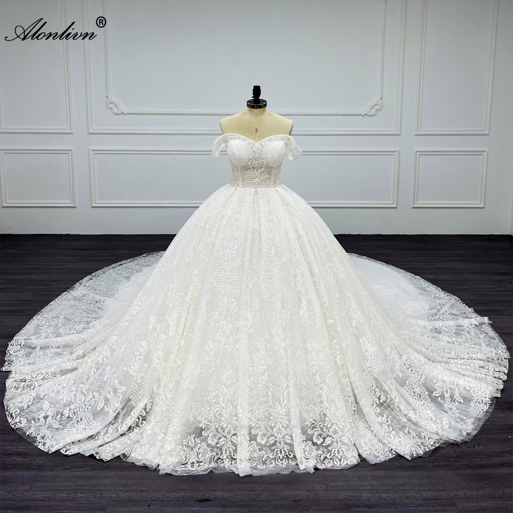 Alonlivn100% Real Photos Shiny Lace Ball Gown Wedding Dress With Chapel Train Luxury Embroidery Lace Sweetheart Bridal Gowns