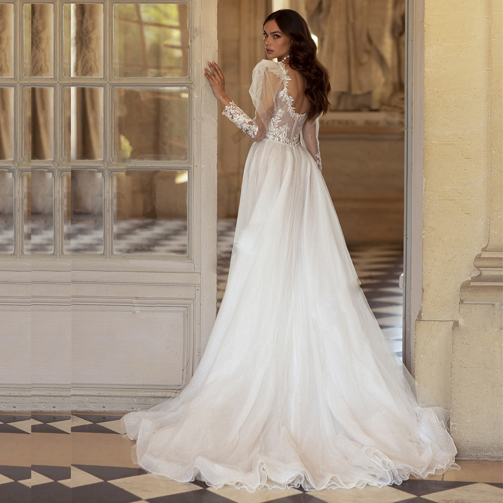 Sparkly A Line Wedding Dress Bridal Gown 2024 Scoop Neck Long Sleeve with Pearls Vestidos De Novia Sweep Train
