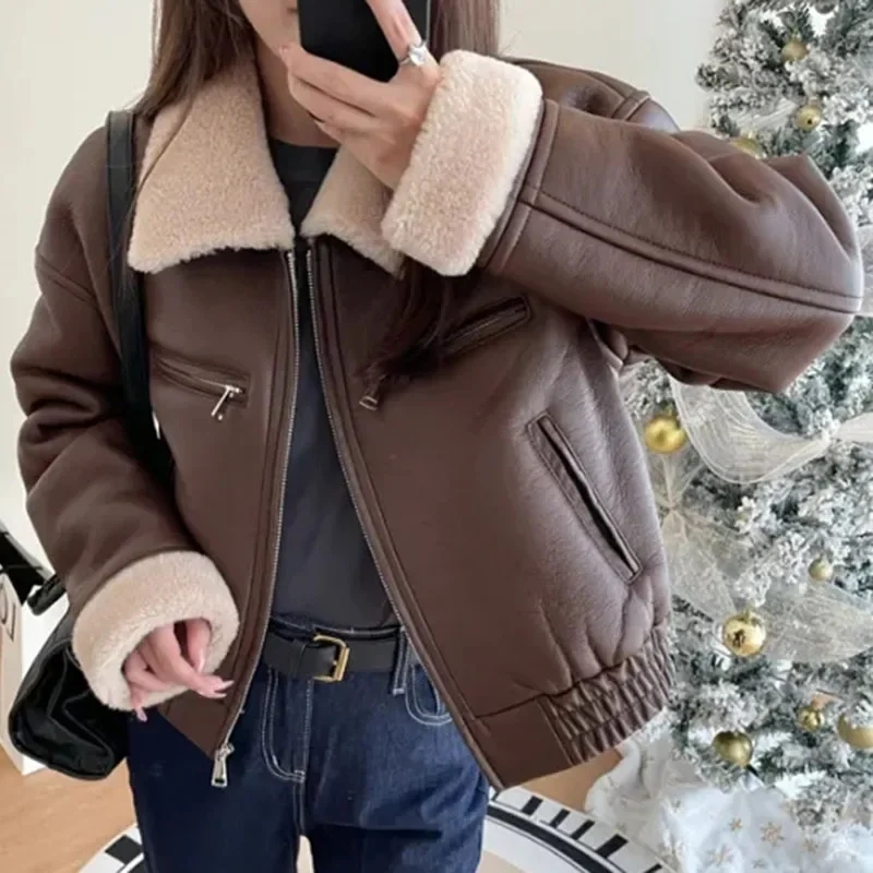 Fur PU Leather Jacket Women Flight Suit Vintage Streetwear Coat Harajuku Long Sleeve Riding Suit Zipper Short Outwear