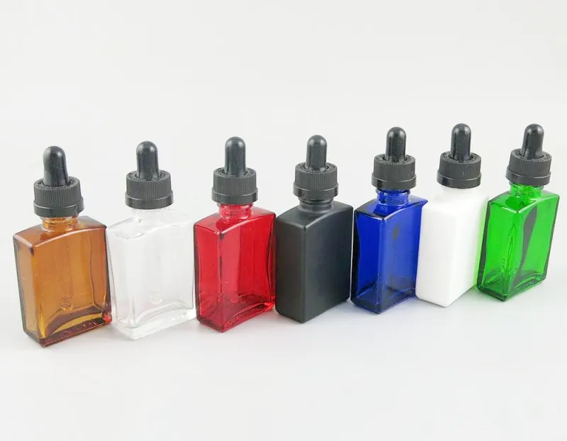 wholesale glass serum bottle dropper Pipette 30ml 1oz square flat clear white black amber green blue red for cosmetic essential ZZ