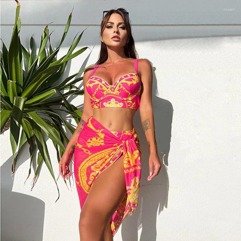 Womens Swimwear Elegant Retro Printed Bikini Three Piece Set High Waisted Sexy Swimsuit With Cover Up Skirt For Springs Beach Vacatio AAA