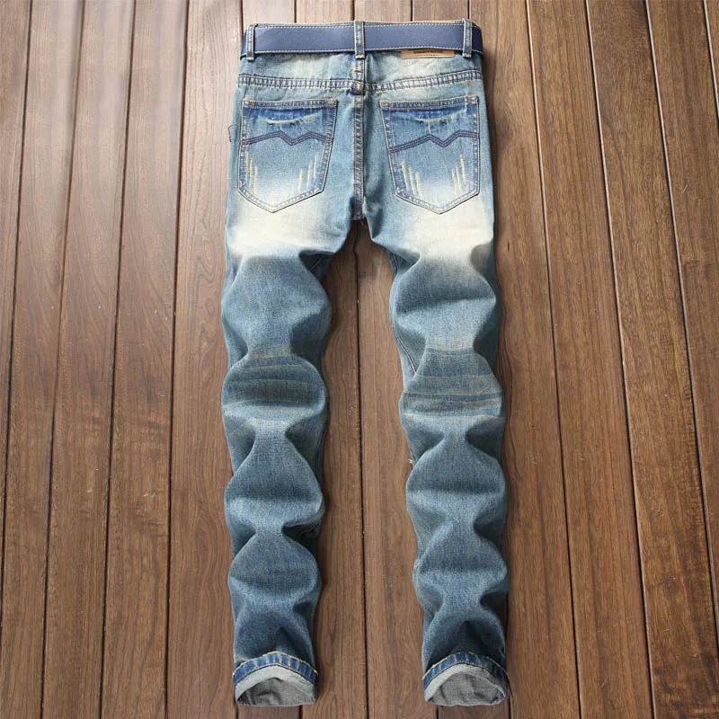 Mens Hole Retro Slim Fit Jeans Spring and Autumn American Style High Street Trend Fashion Leisure Straight Leg Pants 240113