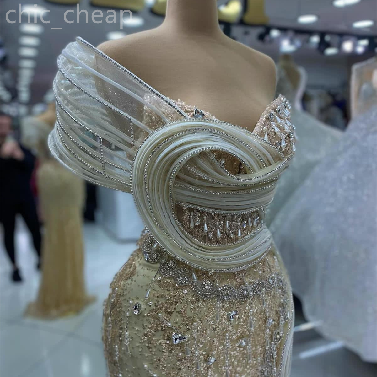 2024 Aso Ebi Gold Mermaid Prom Dress Lacefull Crystals Sequined Evening Formal Party Second Reception Birthday Engagement Gowns Dresses Robe De Soiree