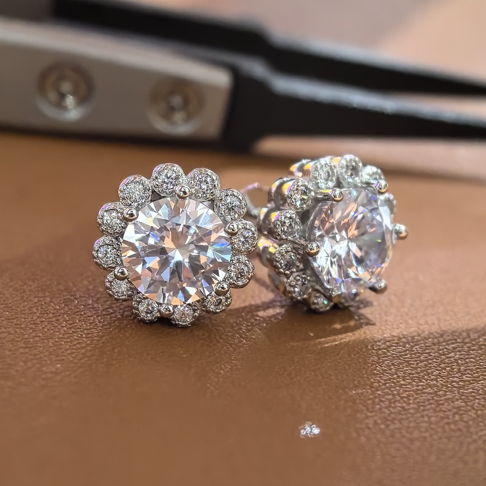 jewelry Stud Earrings Luxury Jewelry Real Sterling Silver CT Round Cut White Moissanite Diamond Gemstones Party Women Wedding Earring Gift