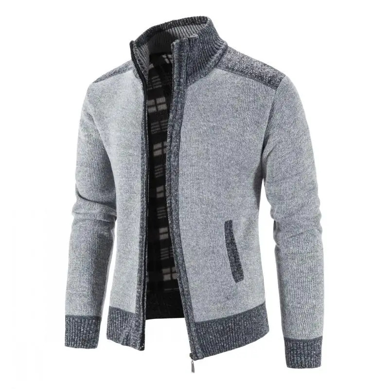 Mens Sweater Coat Fashion Patchwork Cardigan Men Knitted Jacket Slim Fit Stand Collar Thick Warm Coats