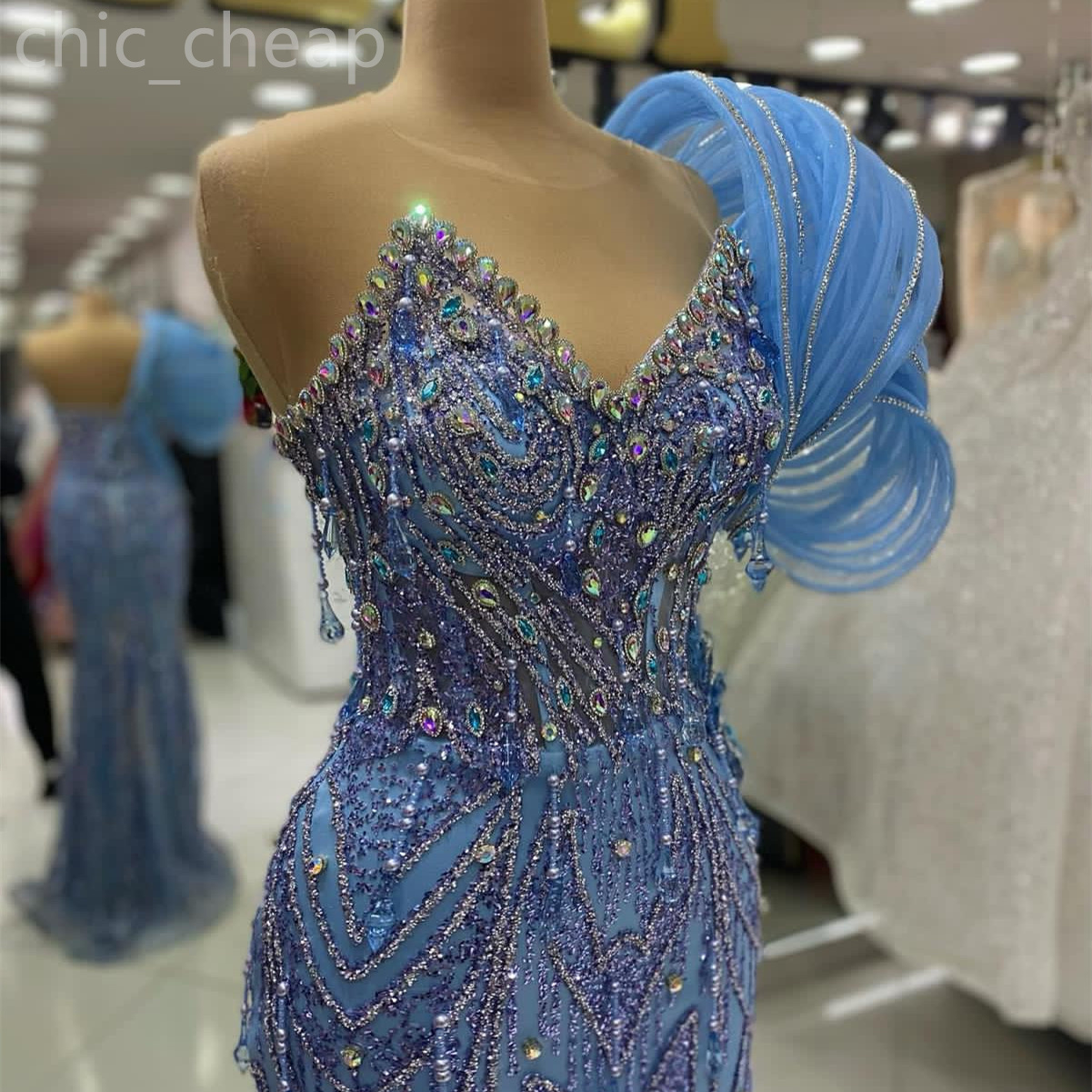 Ebi 2024 Aso Sky Blue Mermaid Prom Dress Pearls Crystals Sheer Neck Evening Formal Party Second Reception Birthday Engagement Gowns Dresses Robe De So