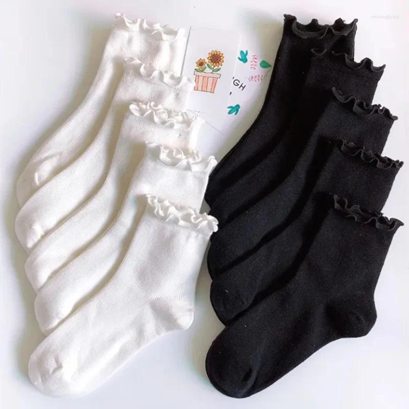 Women Socks Ruffle White Black Frilly Lolita Style Japanese Maiden Cute Kawaii Cotton Harajuku Princess Crew Calcetines