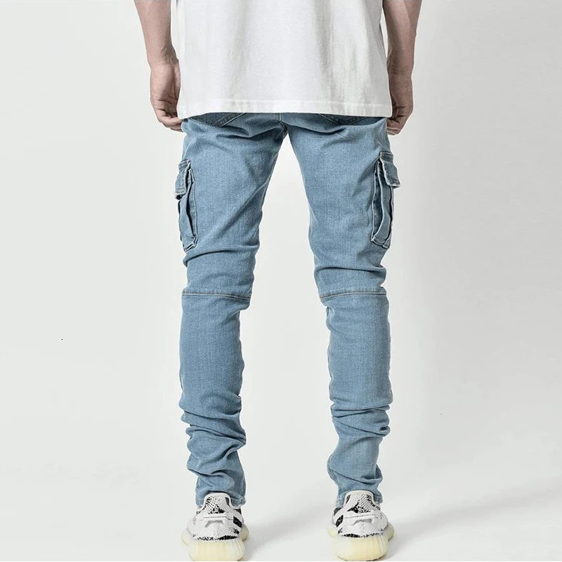 Jeans Men Pants Wash Solid Color Multi Pockets Denim Mid Waist Cargo Plus Size Fahsion Casual Trousers Male Daily Wear