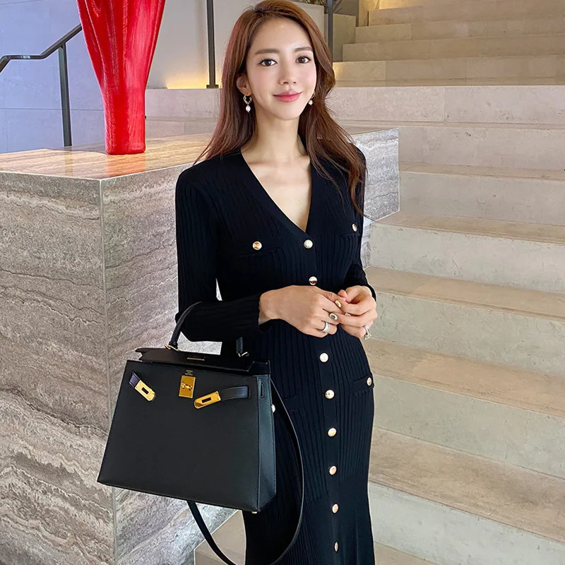 Vintage Korean Maxi Dresses for Women Party Long Sleeve Vneck Mermaid Dress Elegant Fashion Ladies Vestidos Femme Autumn 240115