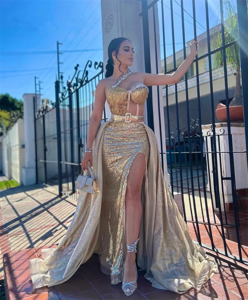 Mermaid Prom Gold Glitter Dresses 2024 Sexy Side Slit Shiny Beading Sequins Birthday Party Banquet Dance Evening Gowns Vestidos