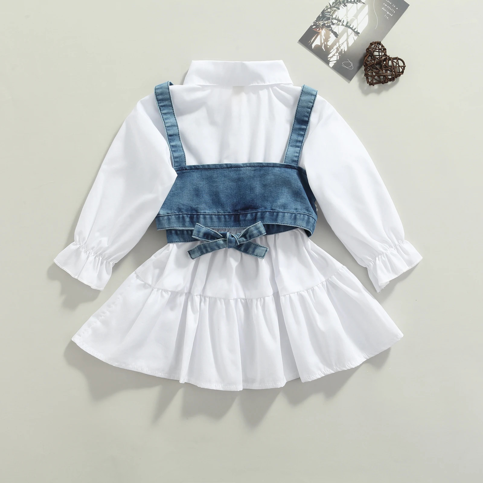 Fashion Children Baby Girl Clothes Solid Color Long Sleeve Shirt Dress Denim Beading Vest 2Pcs Outfits Clothes 240113