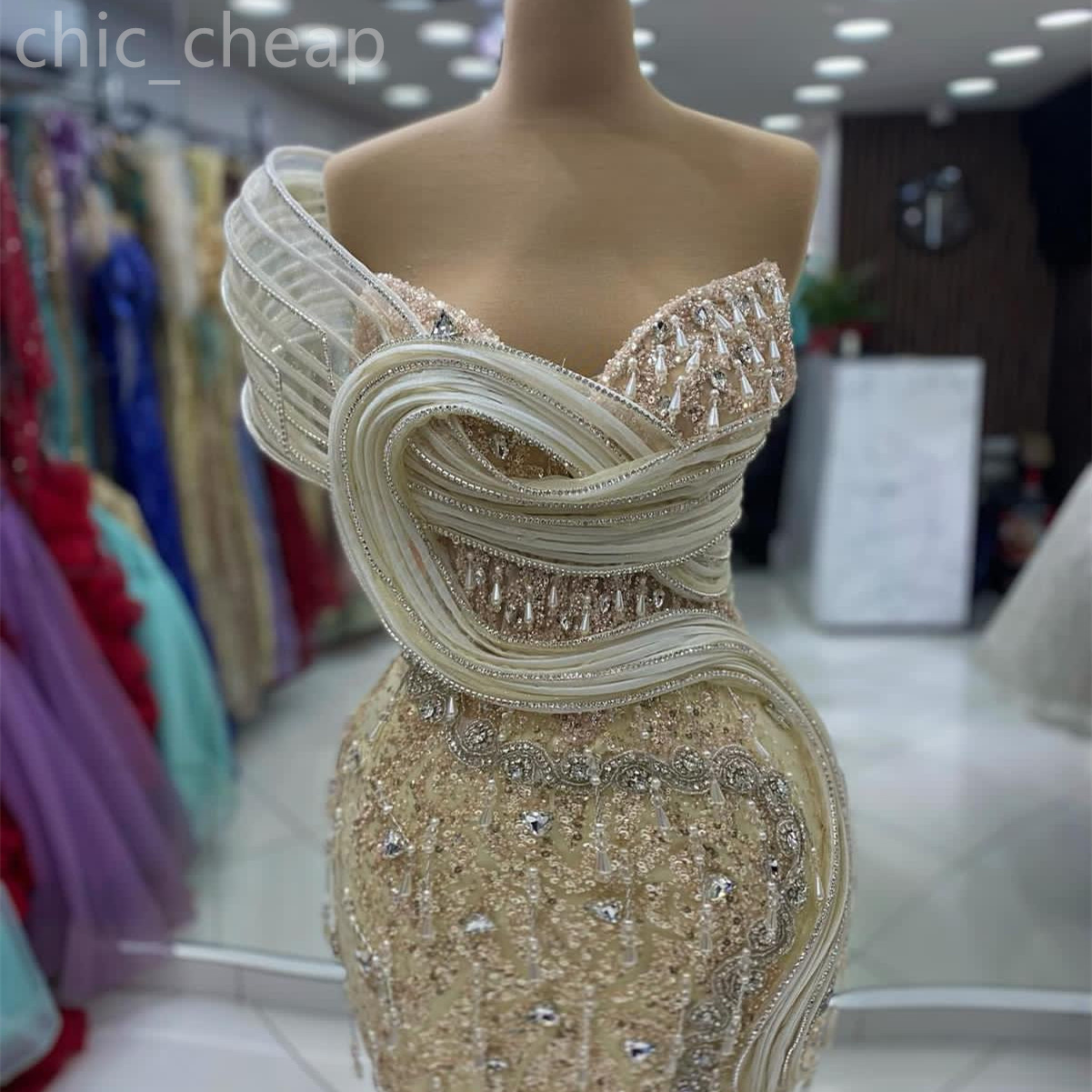 2024 Aso Ebi Gold Mermaid Prom Dress Lacefull Crystals Sequined Evening Formal Party Second Reception Birthday Engagement Gowns Dresses Robe De Soiree