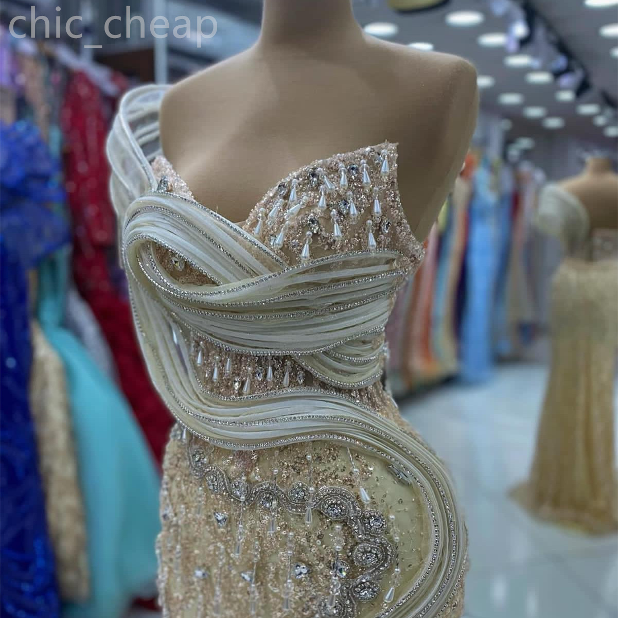 2024 Aso Ebi Gold Mermaid Prom Dress Lacefull Crystals Sequined Evening Formal Party Second Reception Birthday Engagement Gowns Dresses Robe De Soiree