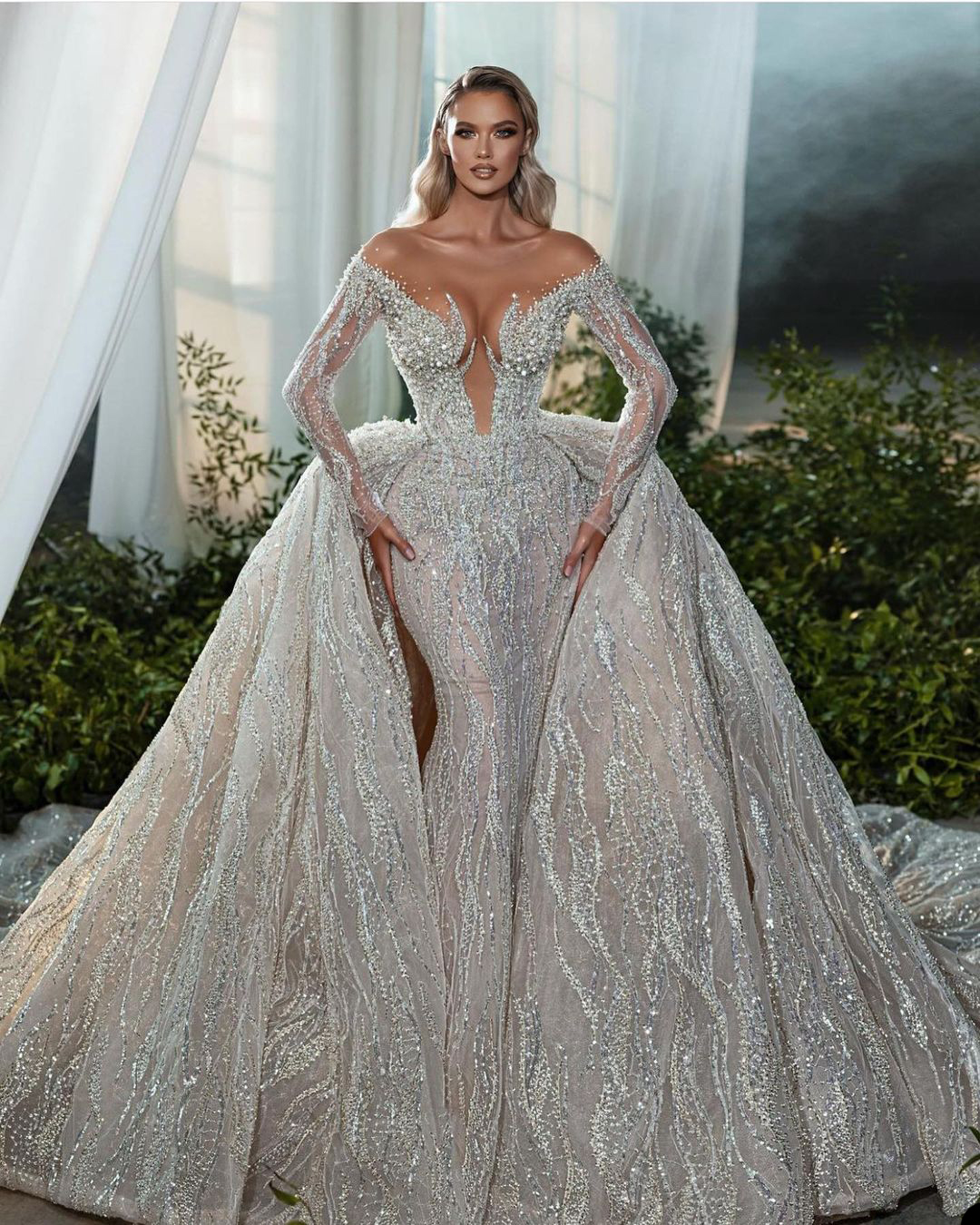 Luxury Pearls Mermaid Wedding Dresses Detachable Train Sequins Off Shoulder Bridal Gowns Long Sleeves Illusion Bride Dresses Custom Made