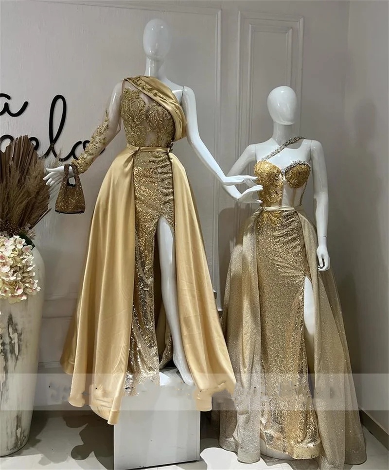 Mermaid Prom Gold Glitter Dresses 2024 Sexy Side Slit Shiny Beading Sequins Birthday Party Banquet Dance Evening Gowns Vestidos