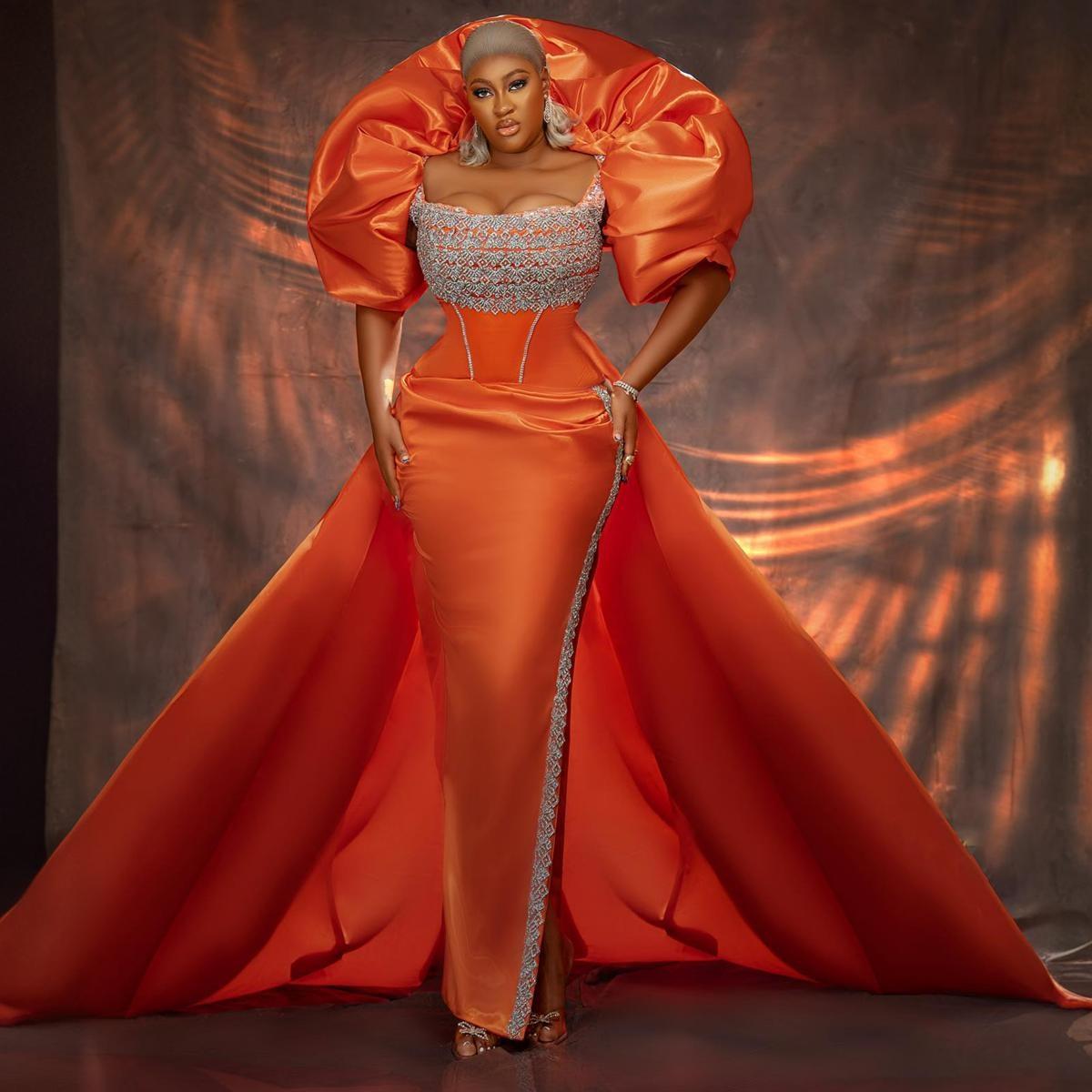 Orange Aso Ebi Prom Dresses for Black Women Mermaid Square Sexy High Split Formal Lace Beaded Evening Birthday Party Dress Second Reception Gowns ST79