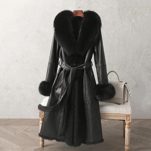 New Real Double Face Rabbit Fur Coat Women's Mid-Length Winter Close-Fitting Leather Fox Furs Collar Cuffs Fur Garments