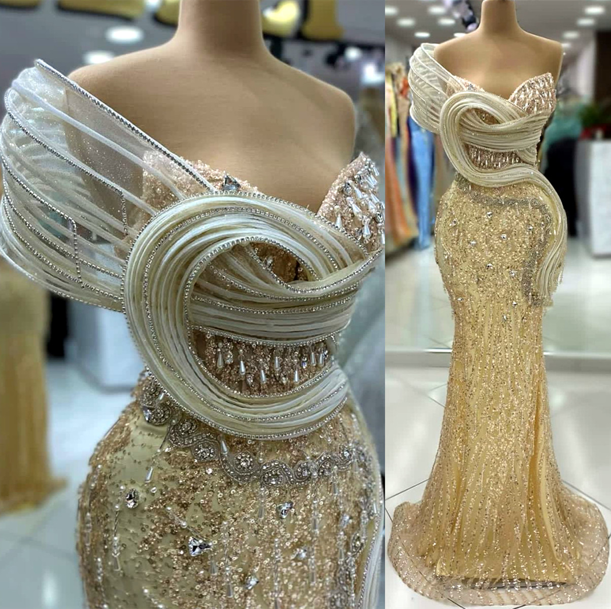 2024 Aso Ebi Gold Mermaid Prom Dress Lacefull Crystals Sequined Evening Formal Party Second Reception Birthday Engagement Gowns Dresses Robe De Soiree