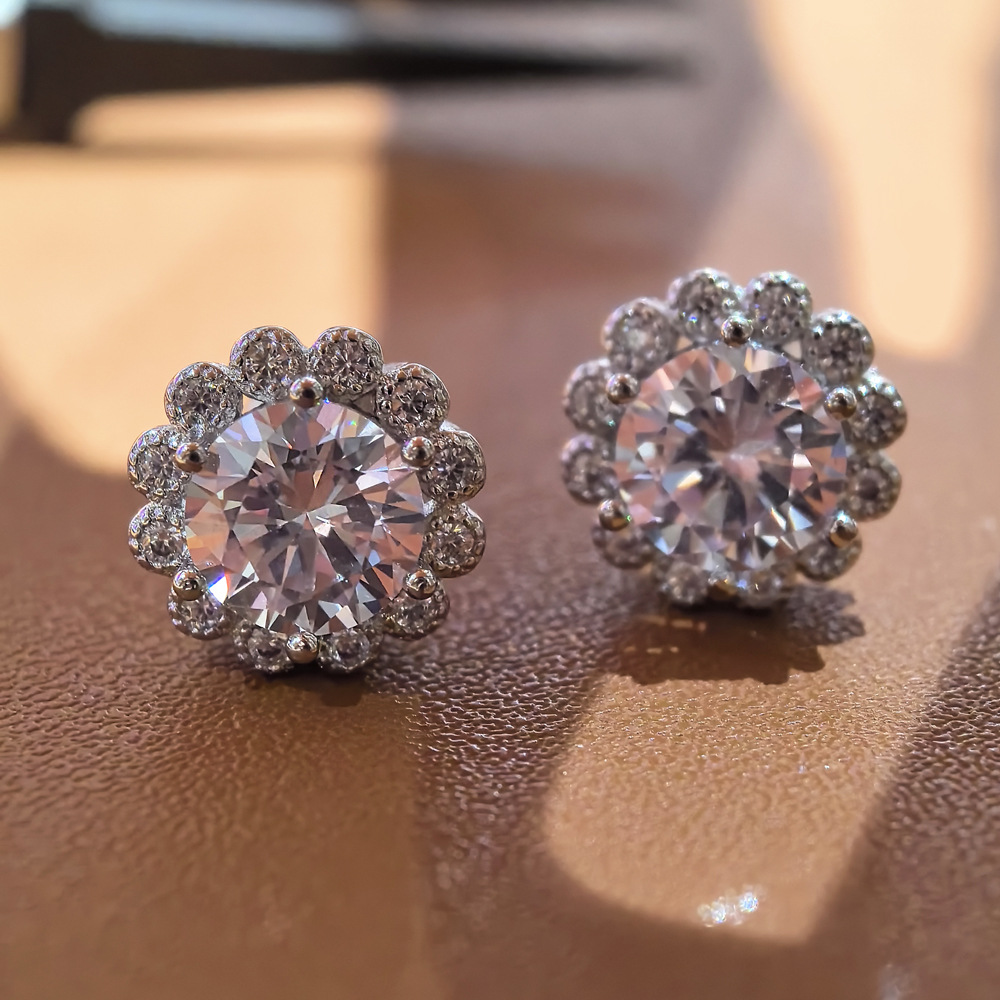 jewelry Stud Earrings Luxury Jewelry Real Sterling Silver CT Round Cut White Moissanite Diamond Gemstones Party Women Wedding Earring Gift