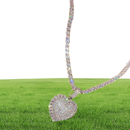 Iced Out Bling Women Jewelry Micro Pave 5A Cz Cubic Zirconia Big Heart Pendant Tennis Chain Sparking Necklace214s
