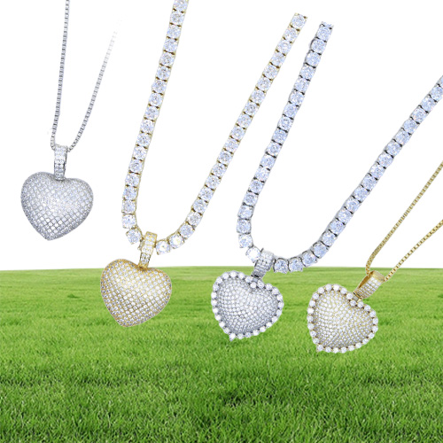Iced Out Bling Women Jewelry Micro Pave 5A Cz Cubic Zirconia Big Heart Pendant Tennis Chain Sparking Necklace214s