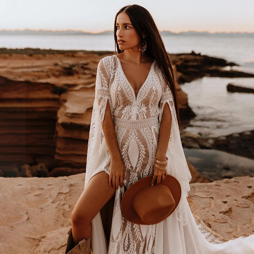 Bohemian Lace Wedding Beach Dress With Split Long Sleeves V Neck Sexy Bridal Gowns Backless Summer A E Boho Bride Dresses Es Es S