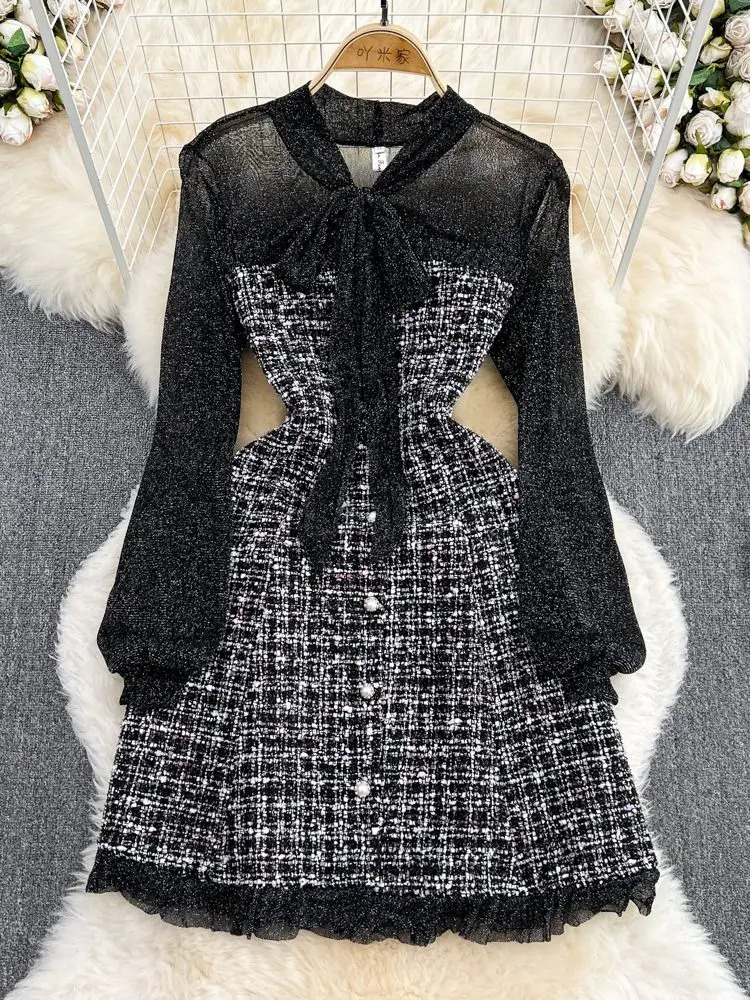 Elegant Lady Small Fragrance Temperament Ribbon Bow Collar Soft Ruffle Patchwork Tweed Plaid Woolen Buttons Autumn Mini Dress 240113