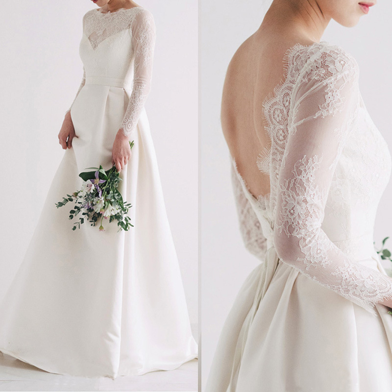 Elegant Bride Wedding Dress 2024 Boat Neck Long Sleeves Top Lace Satin A-line Bridal Gowns Boho Vestidos Noiva Robe De Mariage